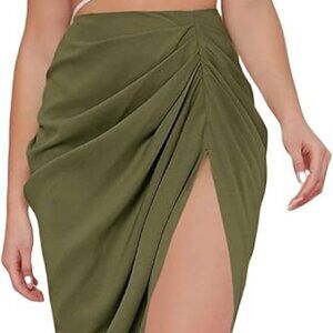 Women's Skirts Split Thigh Front Satin Skirt High Waist Ruched Zip Back WrapMidi